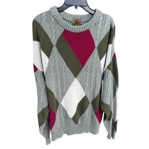 BOSTON TRADERS heavy green maroon diamond cable knit sweater oversized sz L